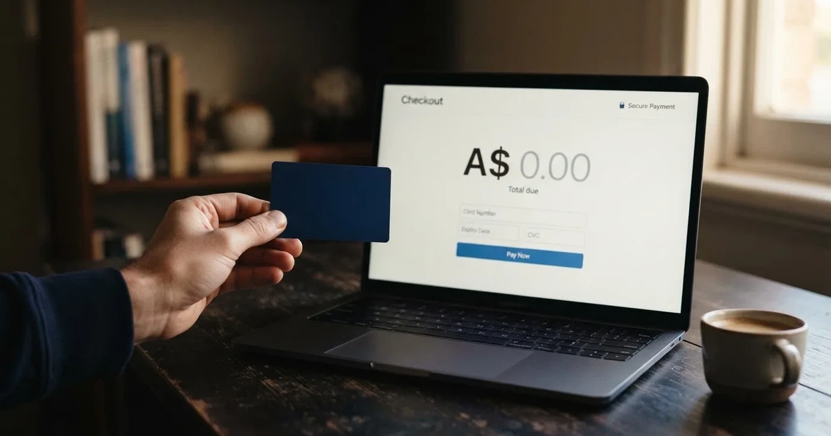 A hand holding a bank card next to a laptop showing an online payment form.