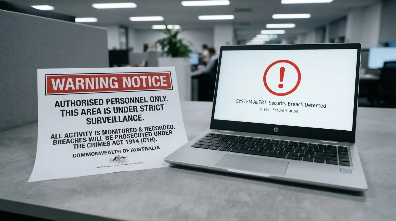 A printed government warning notice on a desk beside a laptop with a red alert icon on the screen.