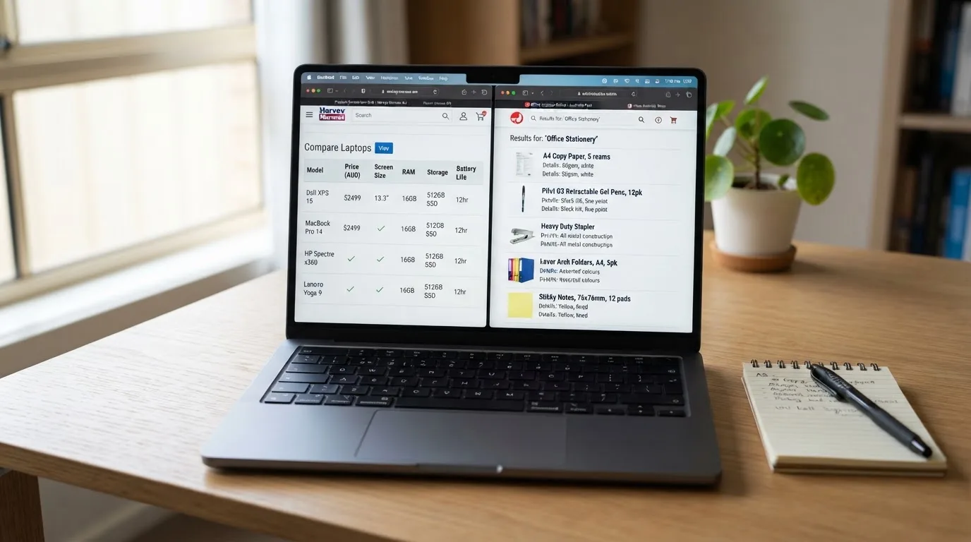 A laptop screen split between two browser tabs, one showing a comparison table and the other a search results page.