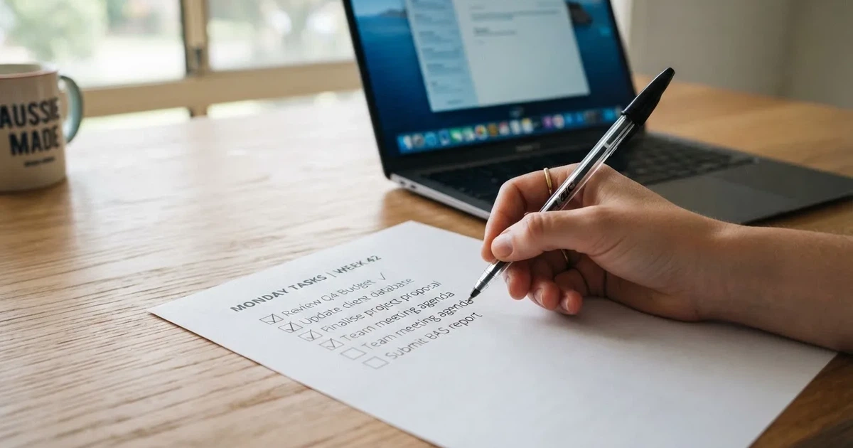 A hand ticking off boxes on a printed checklist next to a laptop.