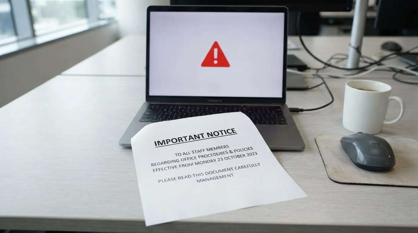 A printed government warning notice on a desk beside a laptop with a red alert icon on the screen.