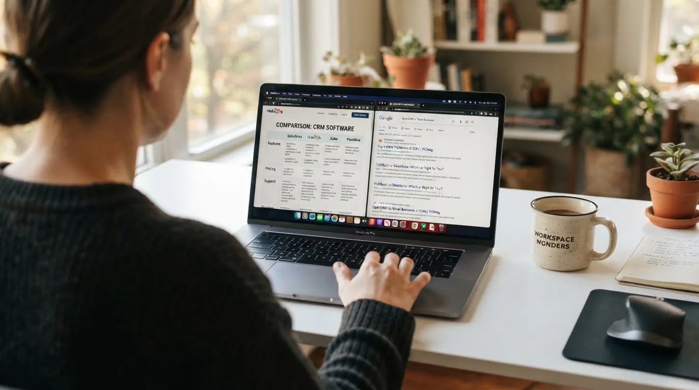 A laptop screen split between two browser tabs, one showing a comparison table and the other a search results page.