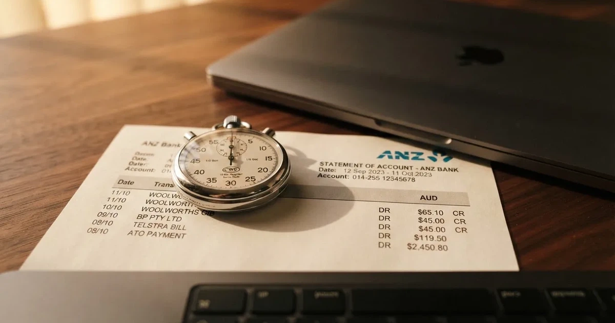 A stopwatch sitting on top of a bank statement next to a laptop keyboard.