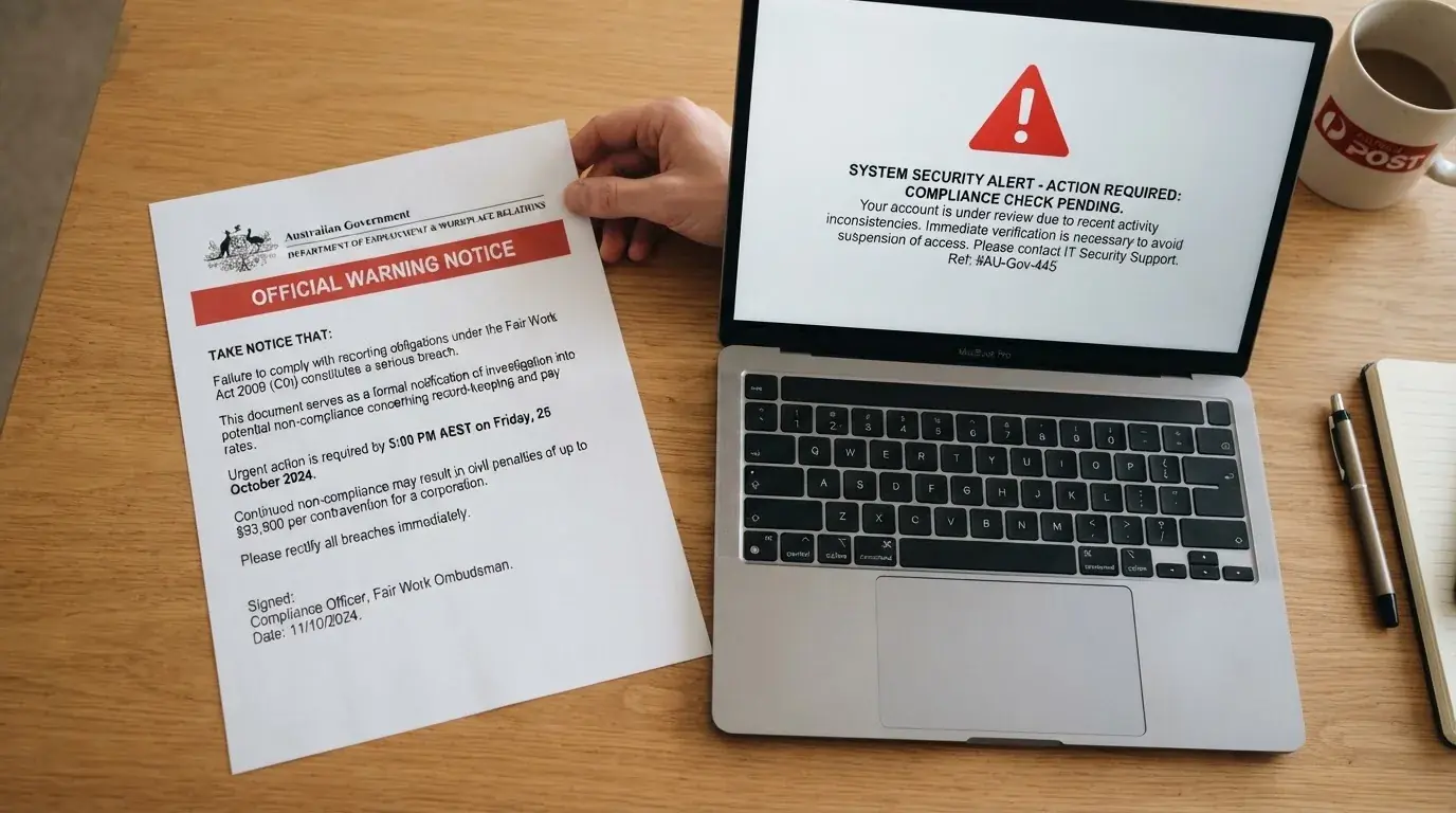 A printed government warning notice on a desk beside a laptop with a red alert icon on the screen.