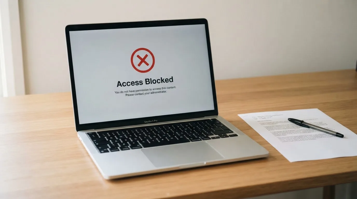 A printed government warning notice on a desk beside a laptop with a red alert icon on the screen.