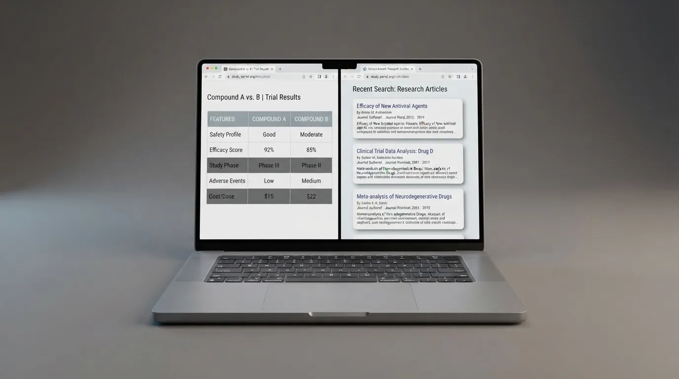 A laptop screen split between two browser tabs, one showing a comparison table and the other a search results page.
