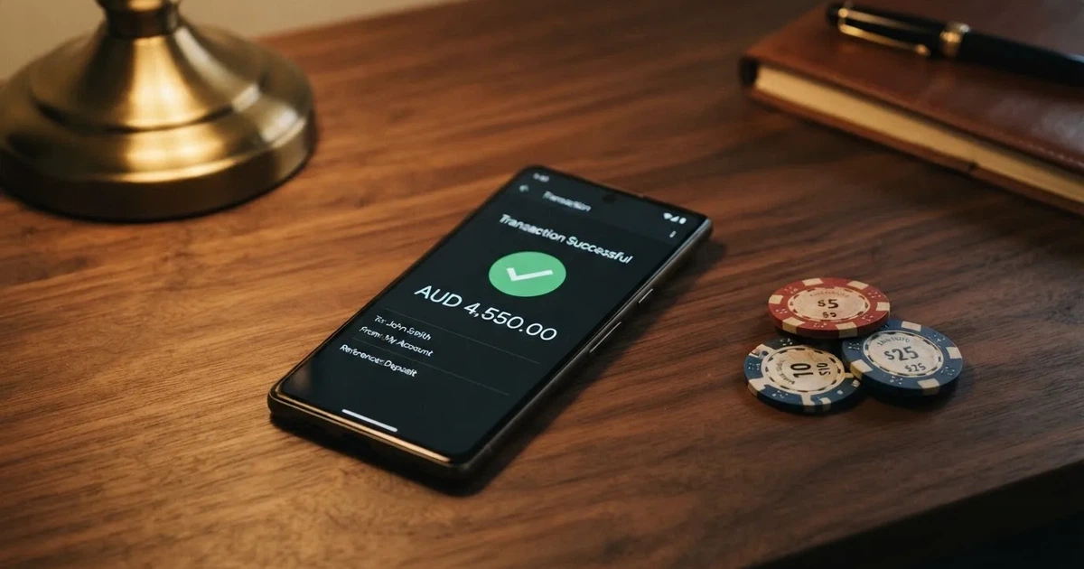 A phone displaying a bank transfer confirmation screen next to a stack of Australian dollar notes.