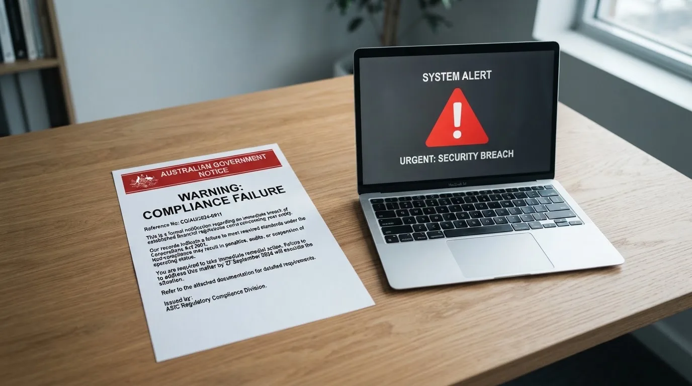 A printed government warning notice on a desk beside a laptop with a red alert icon on the screen.