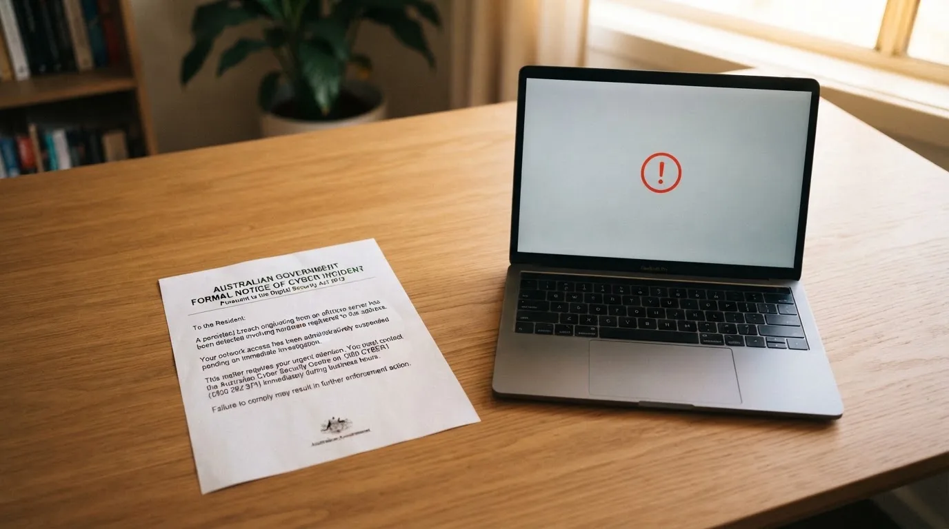 A printed government warning notice on a desk beside a laptop with a red alert icon on the screen.