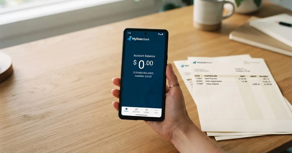 A hand holding a phone showing a cleared balance next to a stack of printed bank statements.