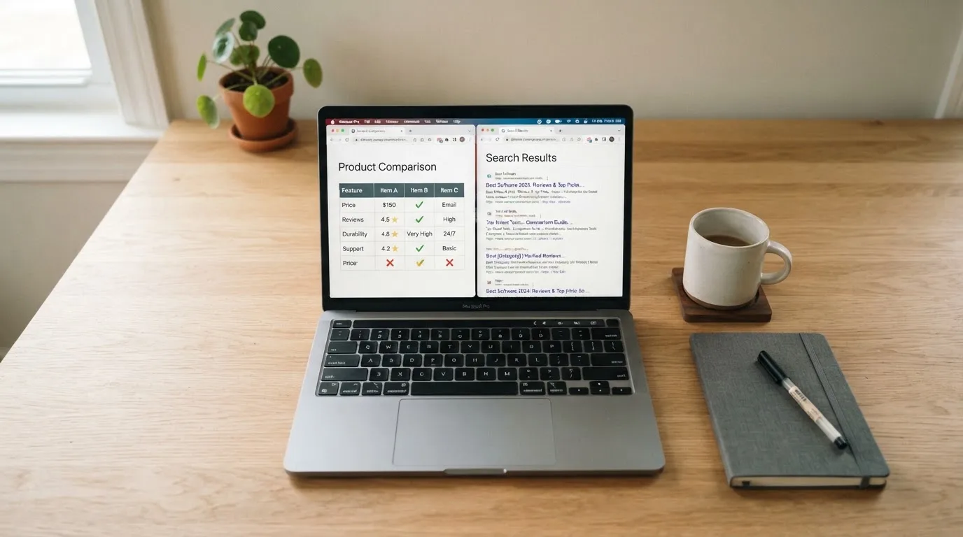 A laptop screen split between two browser tabs, one showing a comparison table and the other a search results page.