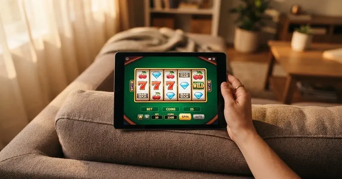 A hand holding a tablet with a touchscreen keypad displayed, resting on a couch armrest.