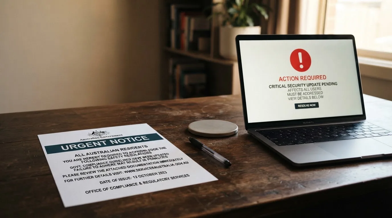 A printed government warning notice on a desk beside a laptop with a red alert icon on the screen.