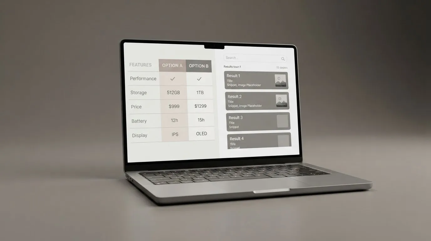 A laptop screen split between two browser tabs, one showing a comparison table and the other a search results page.