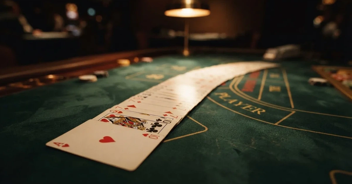 A close-up of a shuffled deck of playing cards fanned out on a green felt table.