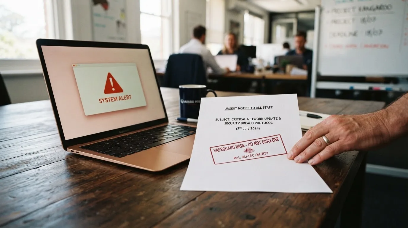 A printed government warning notice on a desk beside a laptop with a red alert icon on the screen.