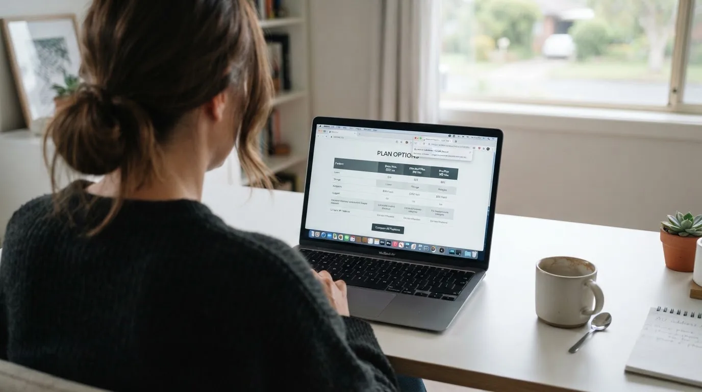 A laptop screen split between two browser tabs, one showing a comparison table and the other a search results page.
