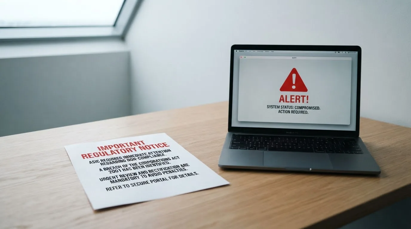 A printed government warning notice on a desk beside a laptop with a red alert icon on the screen.