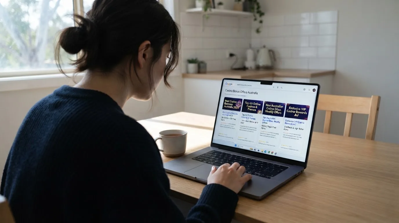 A person sits at a kitchen table, scrolling a laptop showing a general search results page about casino bonus offers.