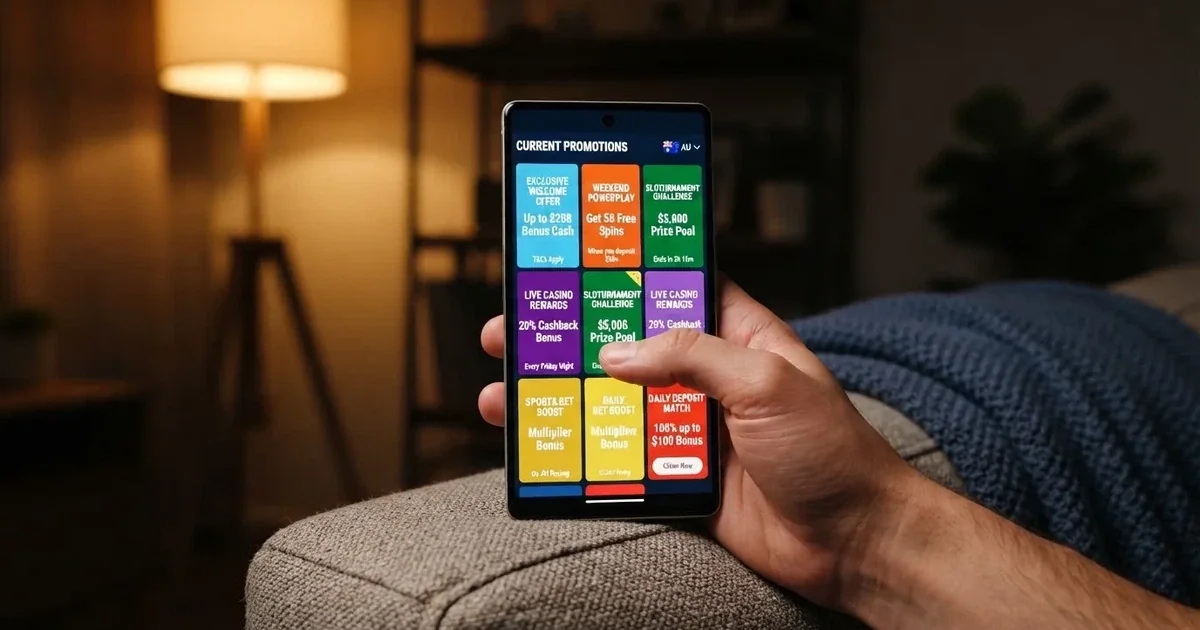 A phone screen shows a list of promotional bonus tiles as someone scrolls with one thumb on a couch in the evening.