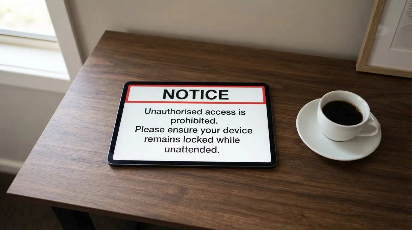 A tablet on a desk displays a plain government-style warning notice page, with a coffee cup beside it.