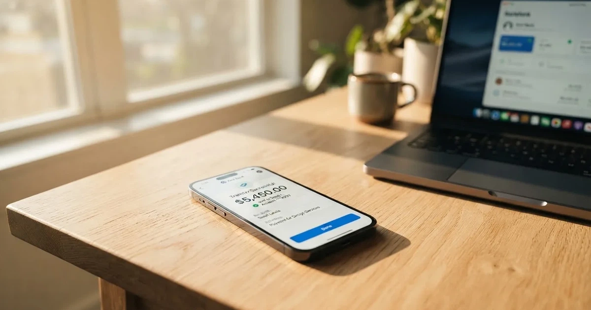 Close-up of a smartphone banking app open beside a laptop on a home desk, mid-transfer.