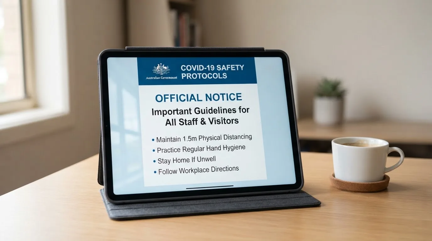 A tablet on a desk displays a plain government-style warning notice page, with a coffee cup beside it.
