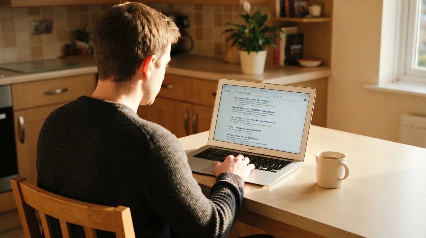 A person sits at a kitchen table, scrolling a laptop showing a general search results page about new casino sites.