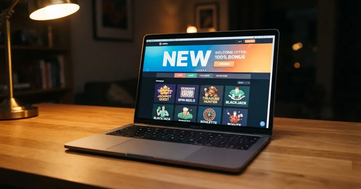 A laptop screen shows a freshly loading website homepage with a 'new' banner, on a plain desk.
