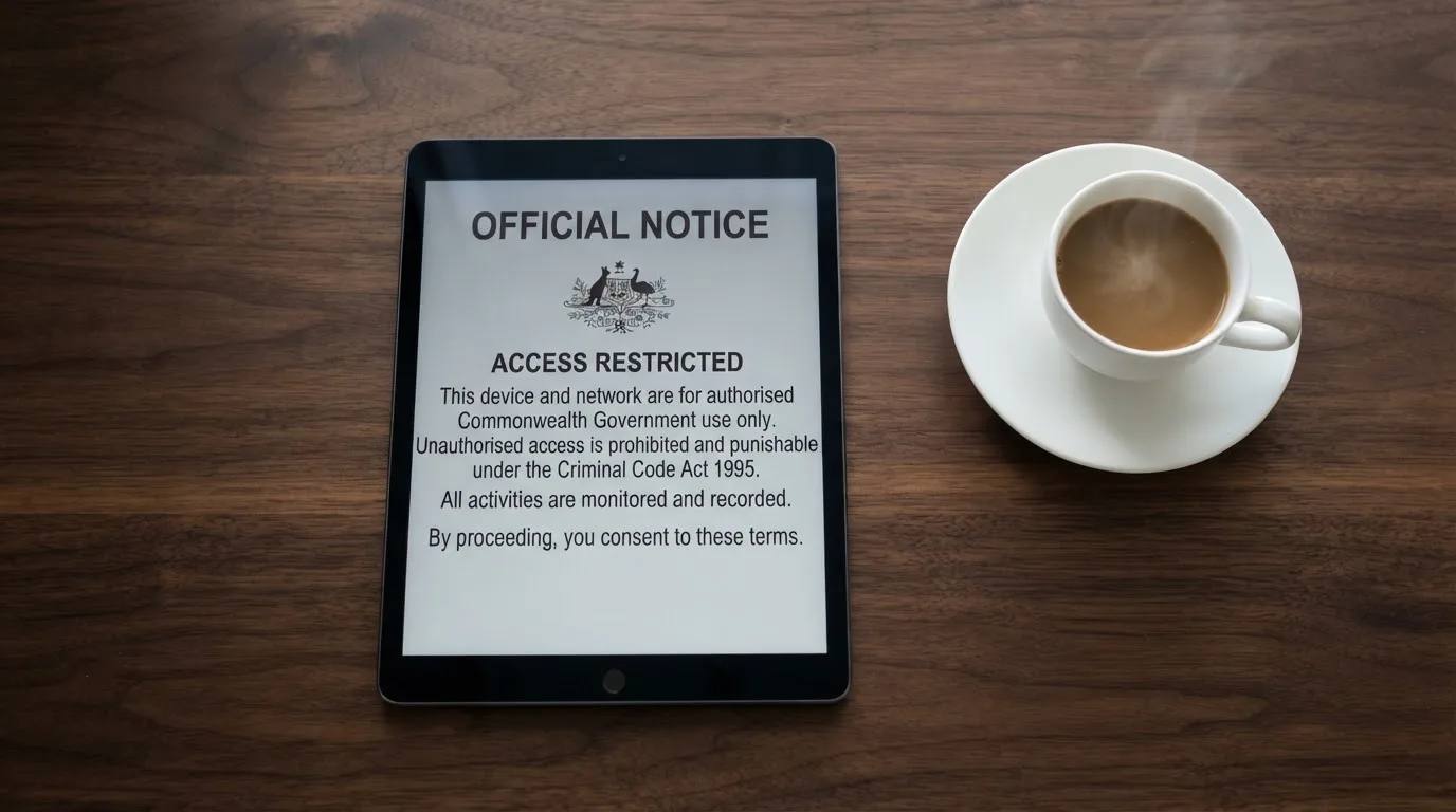 A tablet on a desk displays a plain government-style warning notice page, with a coffee cup beside it.