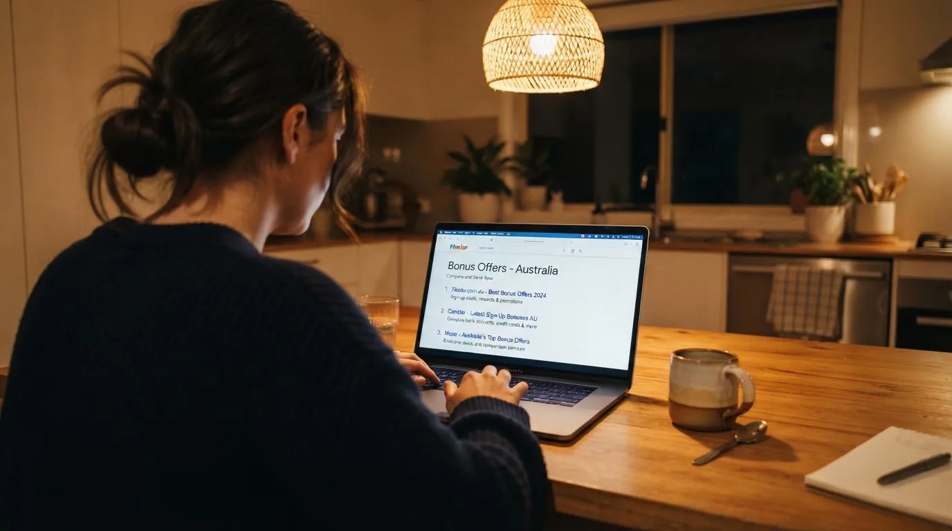 A person sits at a kitchen table in the evening, scrolling a laptop showing a general search results page about bonus offers.