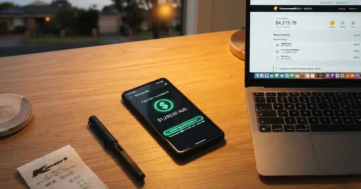 Close-up of a smartphone banking app open beside a laptop on a home desk, mid-transfer.