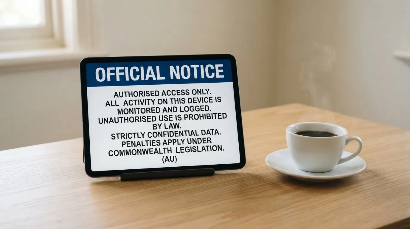 A tablet on a desk displays a plain government-style warning notice page, with a coffee cup beside it.