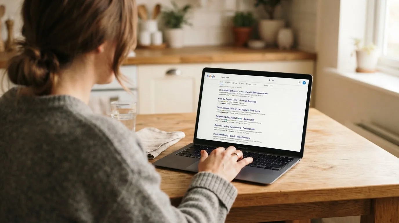 A person sits at a kitchen table, scrolling a laptop showing a general search results page about deposit limits.