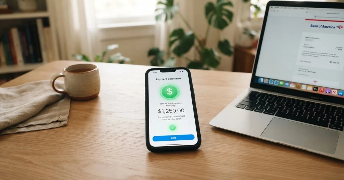 Close-up of a smartphone banking app open beside a laptop on a home desk, mid-transfer.