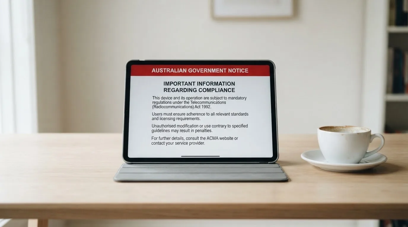 A tablet on a desk displays a plain government-style warning notice page, with a coffee cup beside it.