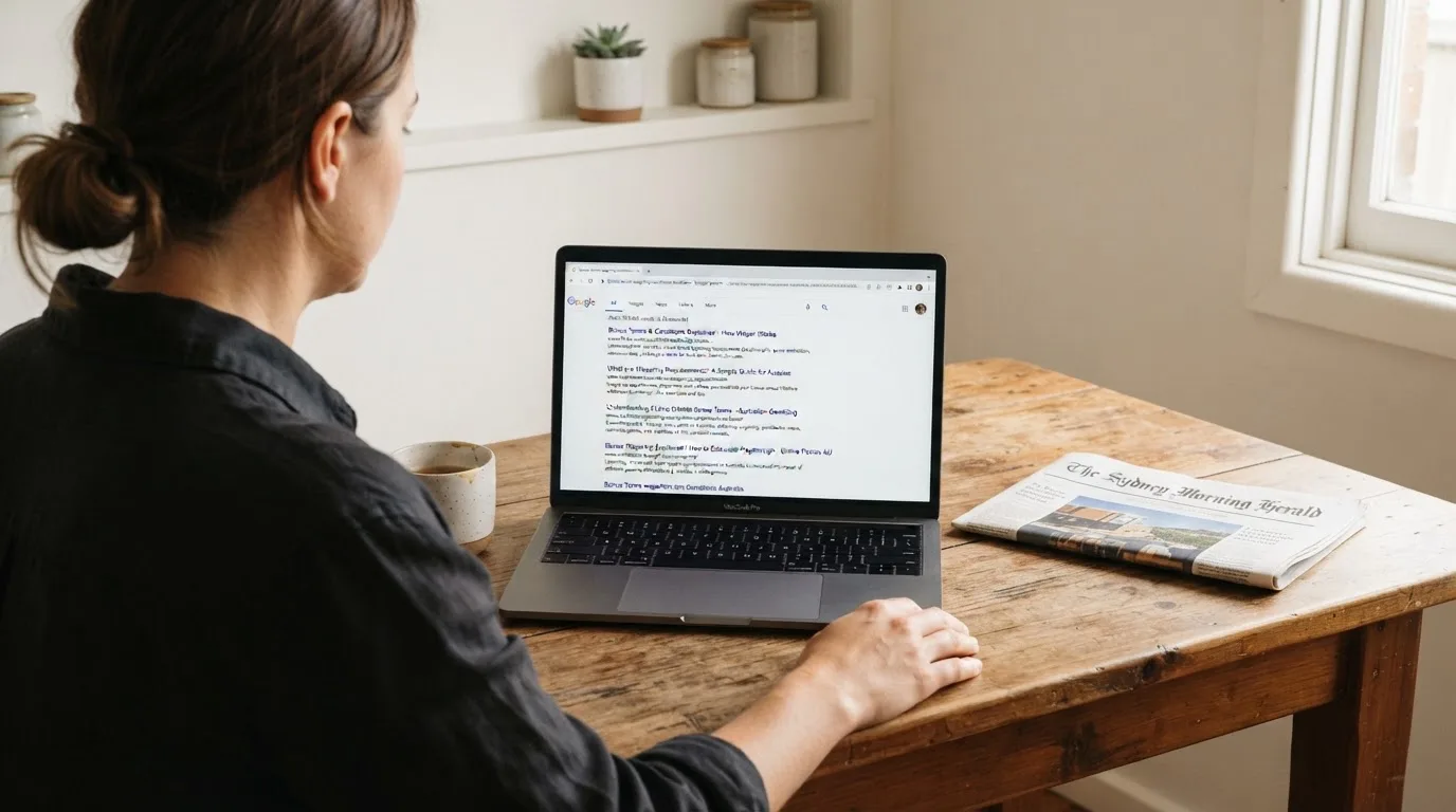 A person sits at a kitchen table, scrolling a laptop showing a general search results page about bonus terms.