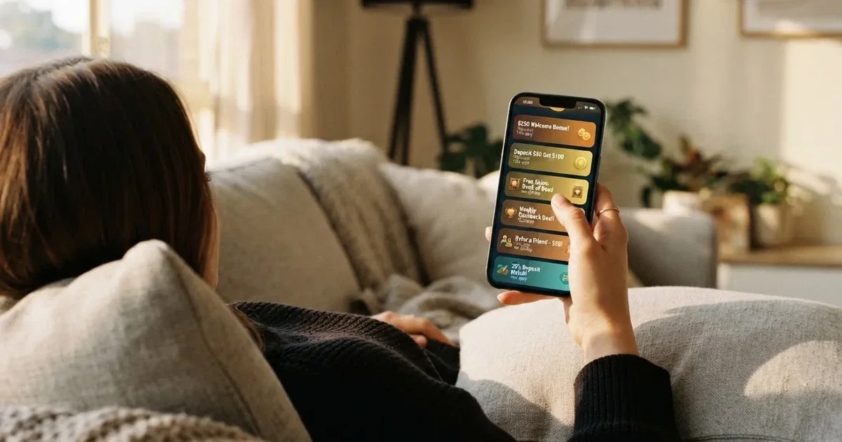 A phone screen shows a list of promotional bonus tiles as someone scrolls with one thumb on a couch.