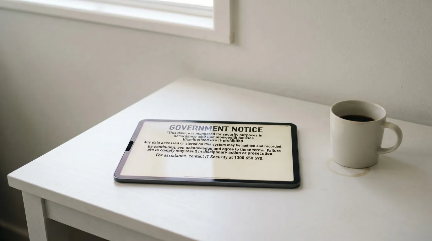 A tablet on a desk displays a plain government-style warning notice page, with a coffee cup beside it.