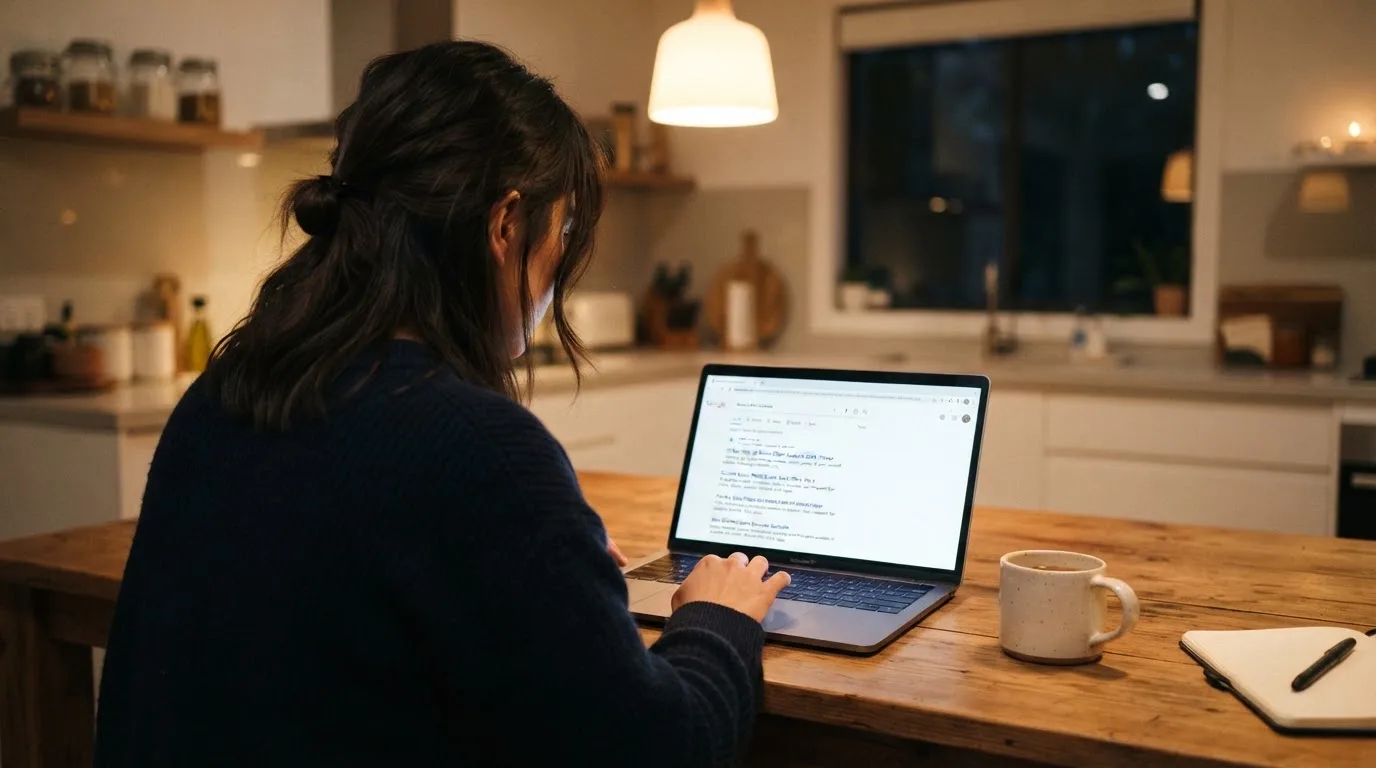 A person sits at a kitchen table in the evening, scrolling a laptop showing a general search results page about bonus offers.