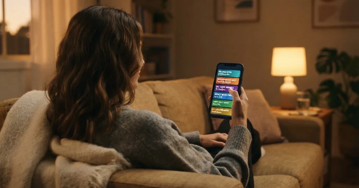 A phone screen shows a list of promotional bonus tiles as someone scrolls with one thumb on a couch.