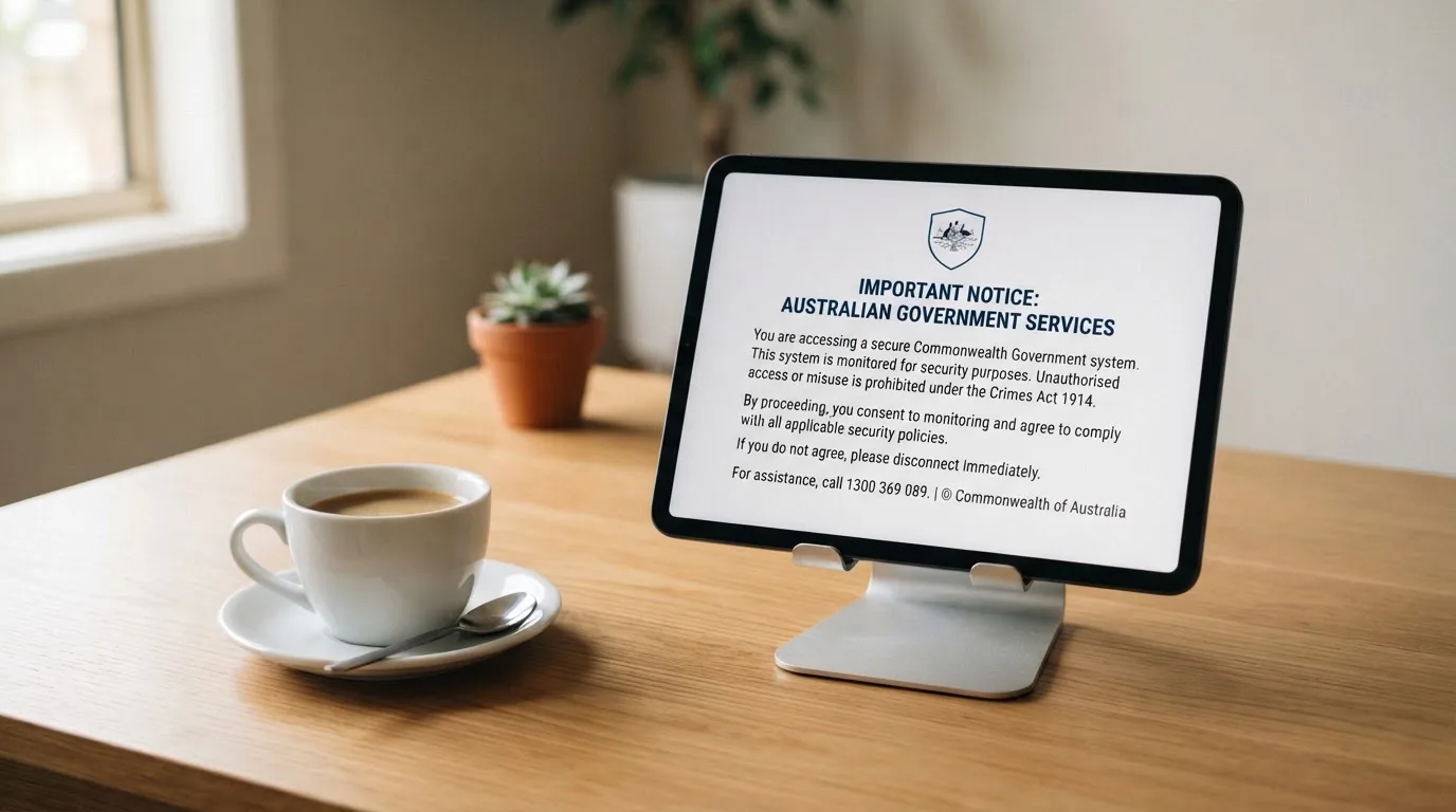 A tablet on a desk displays a plain government-style warning notice page, with a coffee cup beside it.