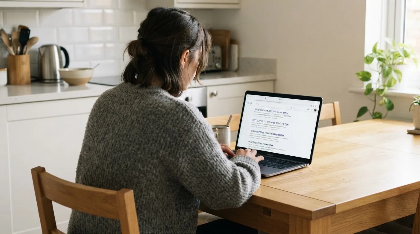 A person sits at a kitchen table, scrolling a laptop showing a general search results page about free spins offers.