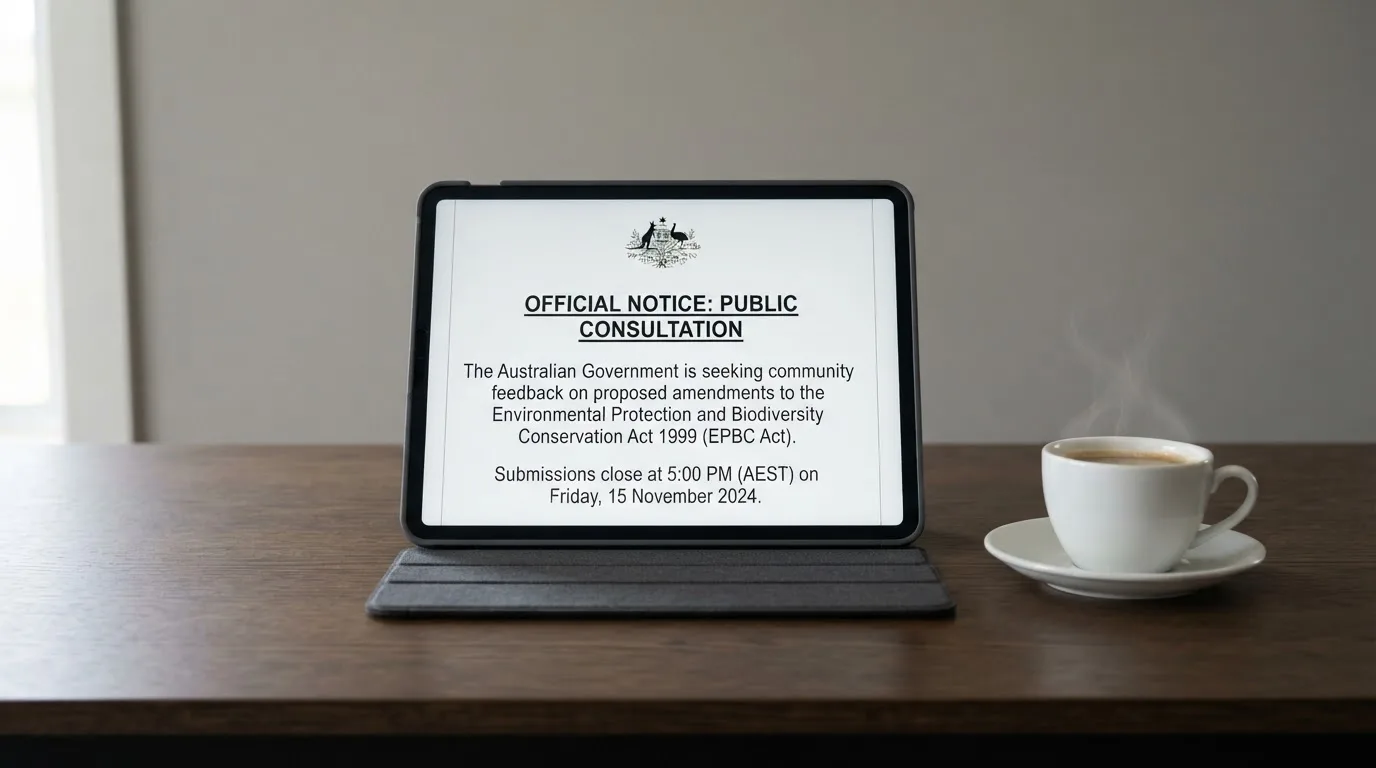 A tablet on a desk displays a plain government-style warning notice page, with a coffee cup beside it.
