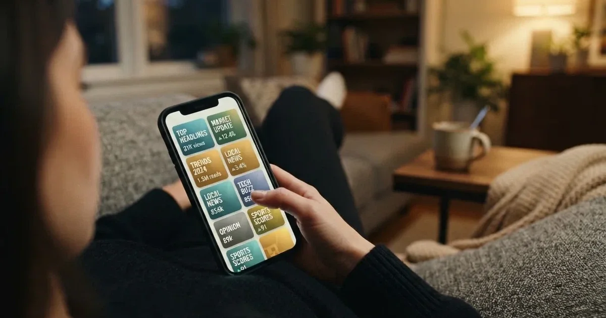 A phone screen shows a list of promotional bonus tiles as someone scrolls with one thumb on a couch.