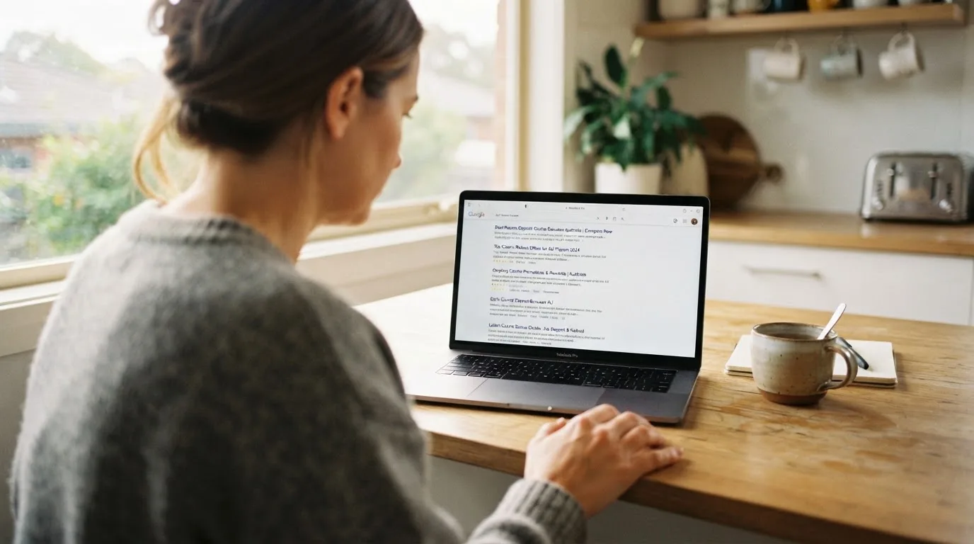 A person sits at a kitchen table, scrolling a laptop showing a general search results page about repeat-deposit offers.