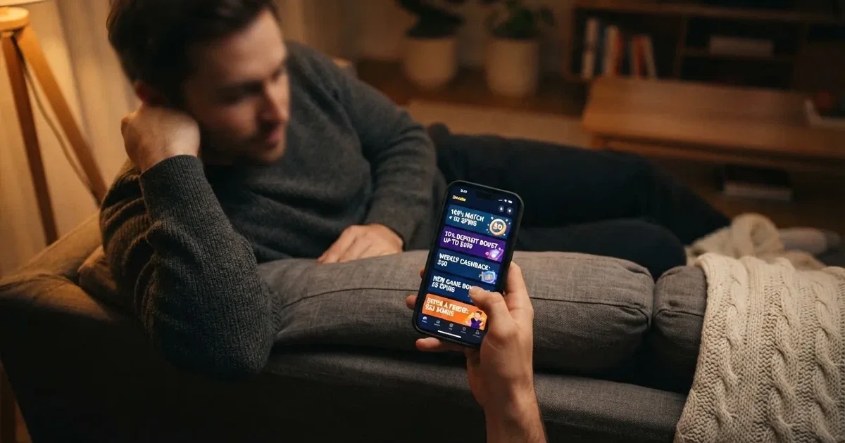 A phone screen shows a list of promotional bonus tiles as someone scrolls with one thumb on a couch.