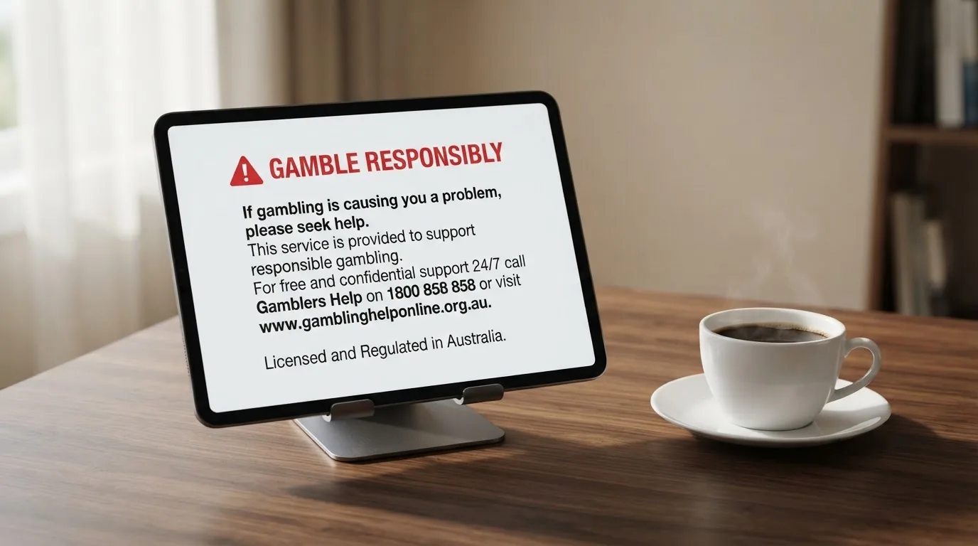 A tablet on a desk displays a plain government-style warning notice page, with a coffee cup beside it.