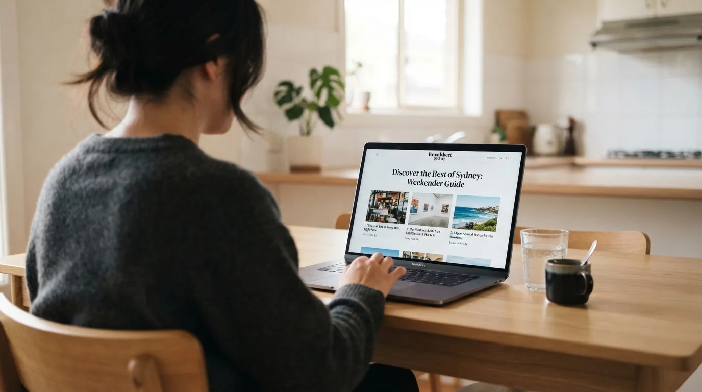 A person sits at a kitchen table, scrolling a laptop showing a general search results page about withdrawal speed.