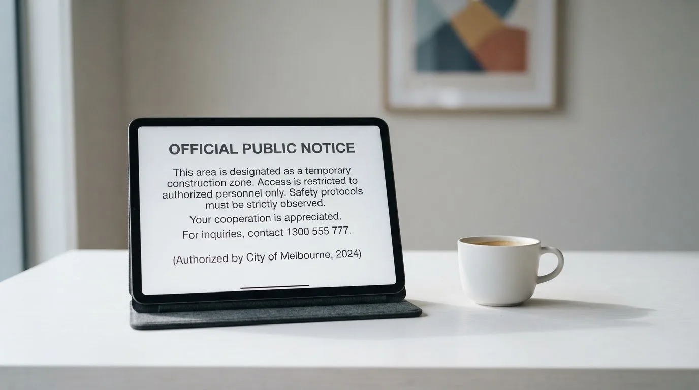 A tablet on a desk displays a plain government-style warning notice page, with a coffee cup beside it.